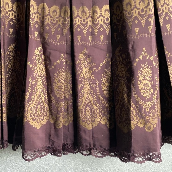 Anthropologie Odille Silk Blend Drop Waist Lace Trim Brown Gold Mod Midi Skirt 2 - Picture 12 of 13